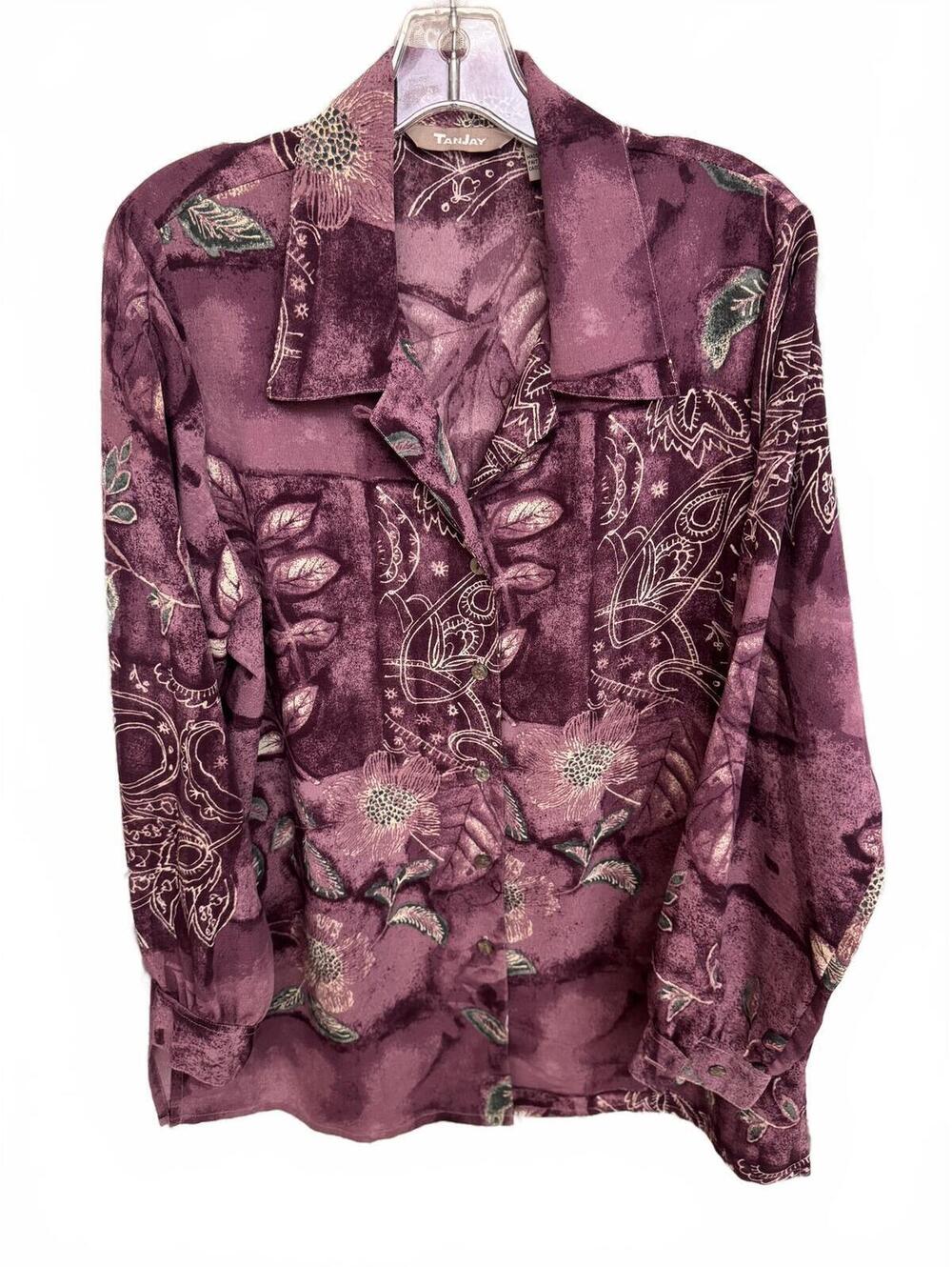 418 TanJay Size 14 23" PTP Vintage Floral Button-Up Blouse Purple R0000418